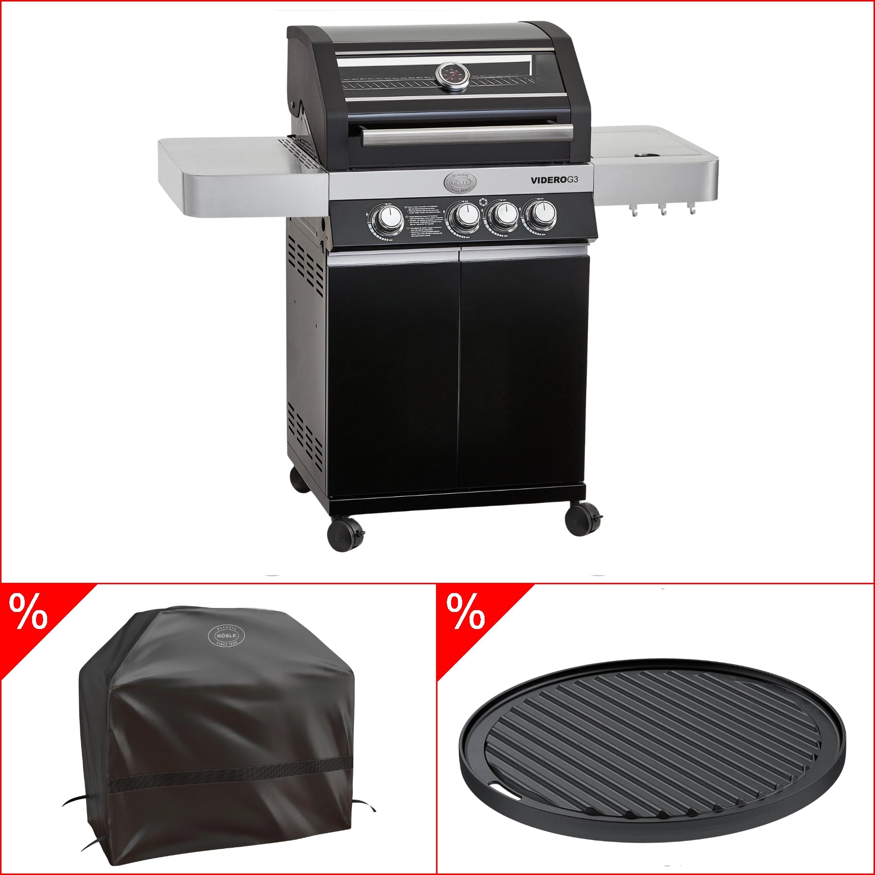 Rösle Gasgrill BBQ-Station VIDERO G3 schwarz 50 mbar Bundle mit GRATIS Abdeckhaube und Grillplatte rund