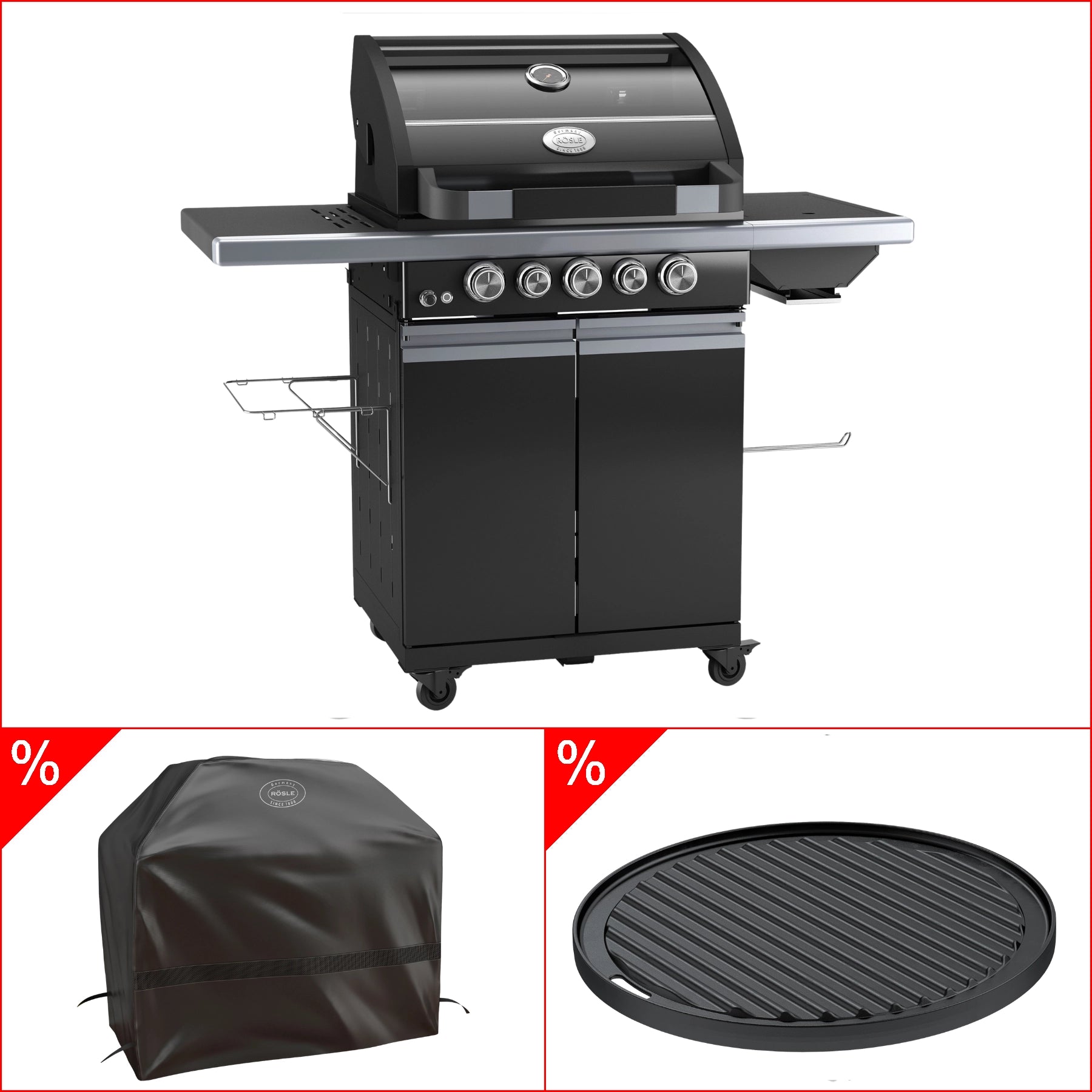 Rösle Gasgrill BBQ-Station MAGNUM PRO G3 schwarz 50 mbar Bundle mit GRATIS Abdeckhaube und Grillplatte, rund