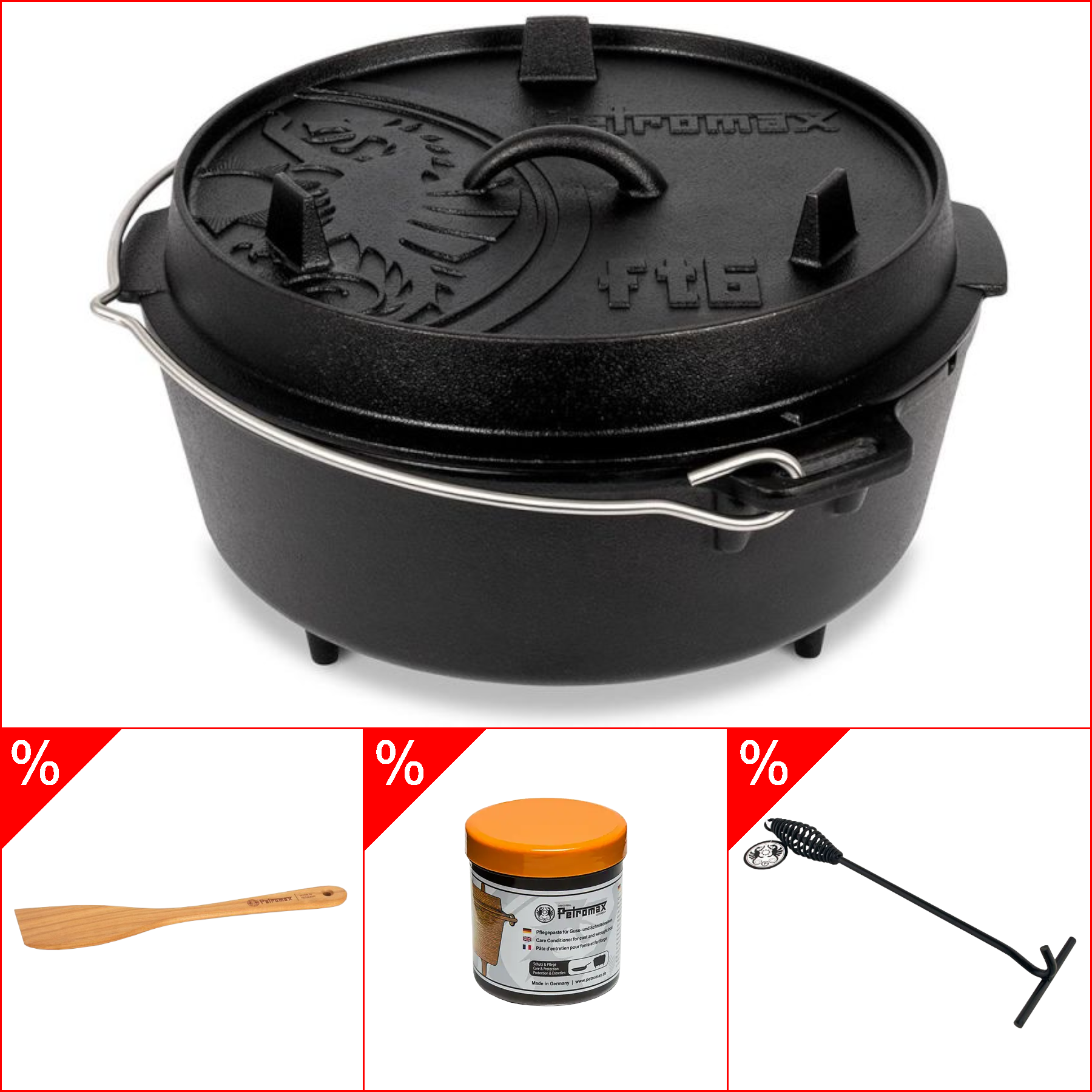 Petromax ft6 Dutch Oven 5,5l - mit Füssen im Set inkl. Deckelheber, Pflegepaste & Holzspachtel