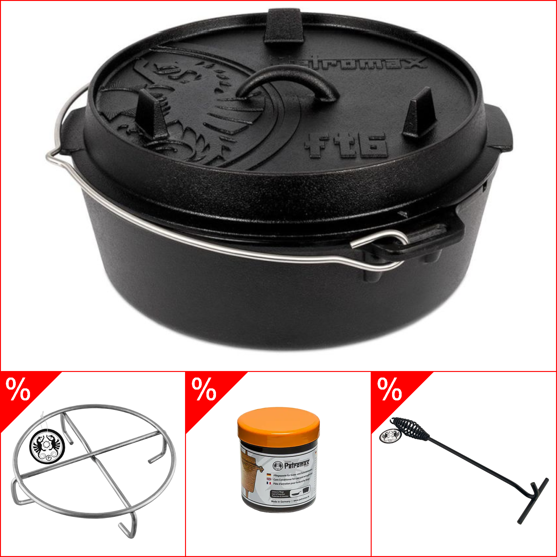 Petromax ft6 Dutch Oven 5,5l - ohne Füsse, im Set inkl. Deckelheber, Pflegepaste & Untersetzer