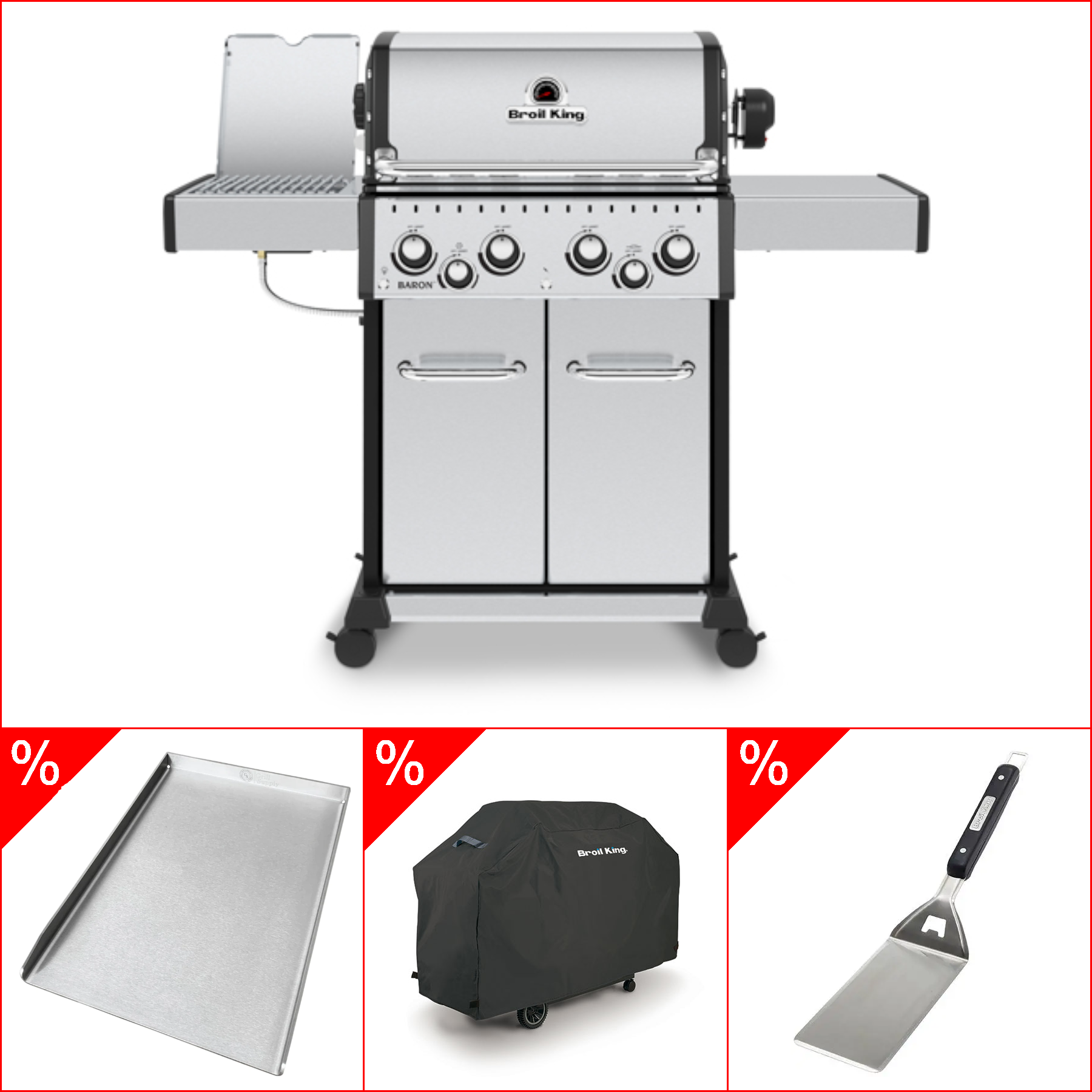 Broil King Baron S 490 IR inkl. Drehspieß, Abdeckhaube, Babossa Edelstahl Plancha & Broil King Imperial Wender Extra Lang