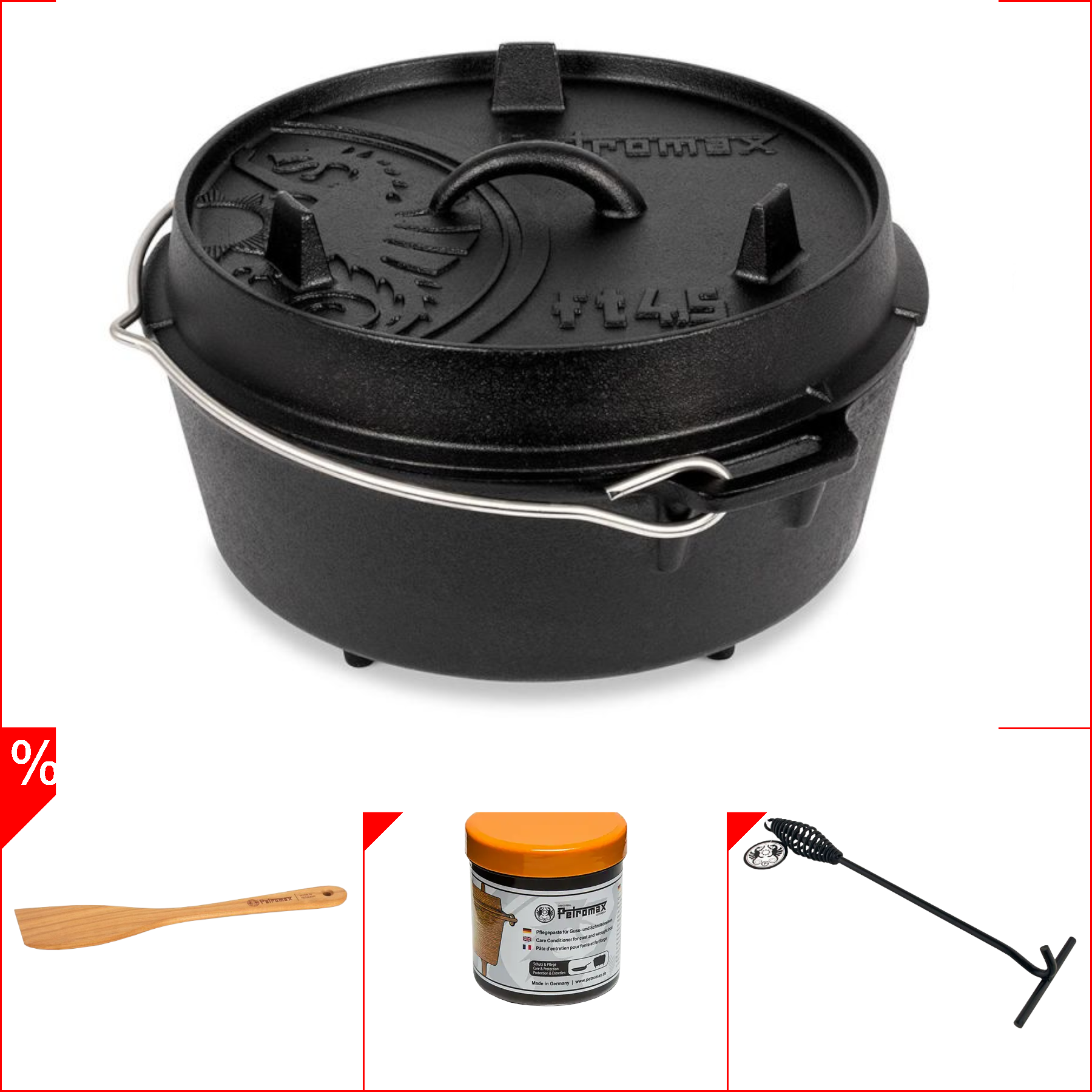 Petromax ft4,5 Dutch Oven 3,5l - mit Füssen im Set inkl. Deckelheber, Pflegepaste & Holzspachtel