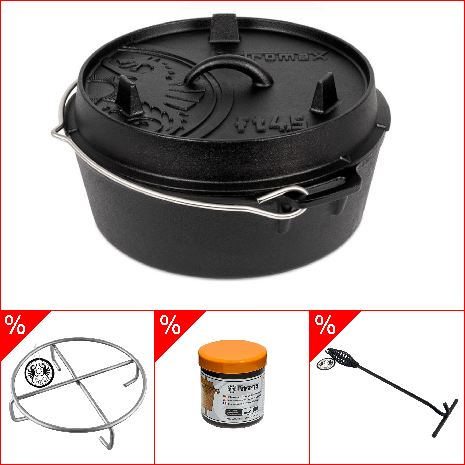 Petromax ft4,5 Dutch Oven 3,5l - ohne Füssen im Set inkl. Deckelheber, Pflegepaste & Untersetzer