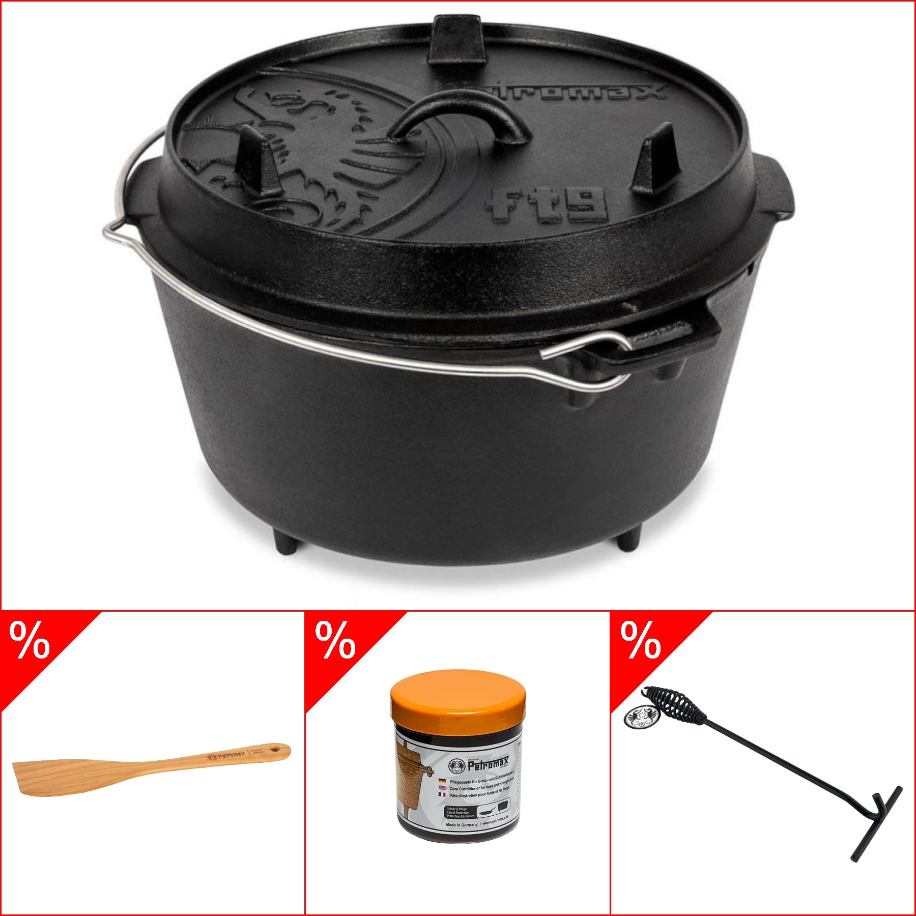 Produktbild Petromax ft4,5 Dutch Oven 3,5l - mit Füssen im Set inkl. Deckelheber, Pflegepaste & Holzspachtel