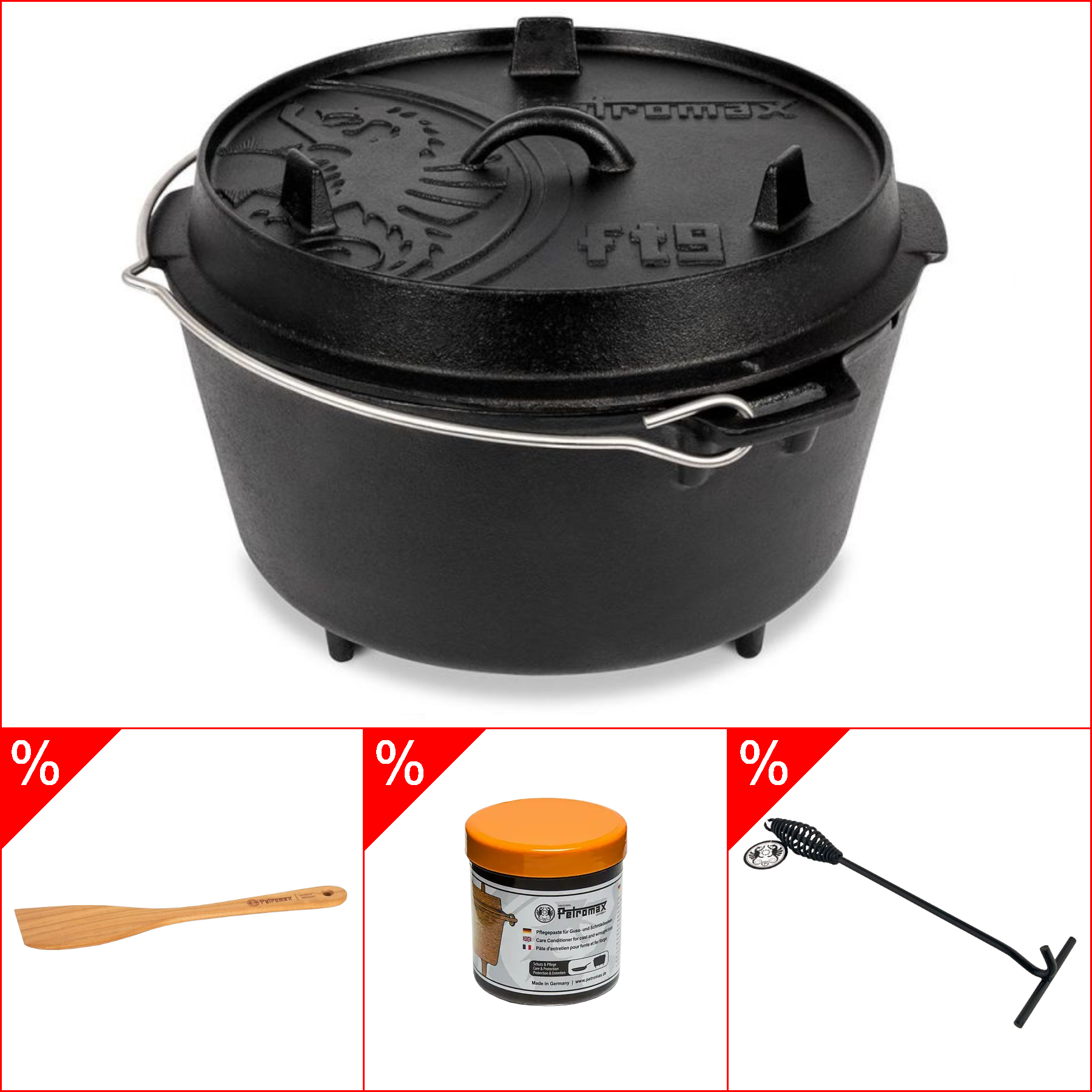 Petromax ft9 Dutch Oven 7,5l - mit Füssen im Set inkl. Deckelheber, Pflegepaste & Holzspachtel