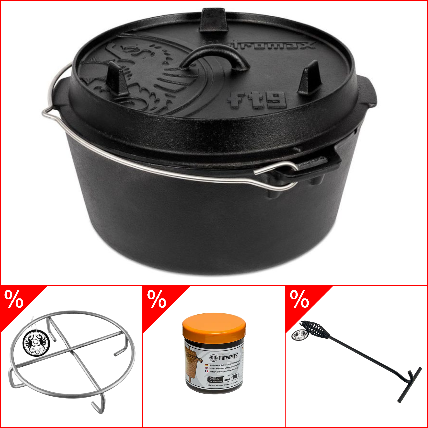 Petromax ft9 Dutch Oven 7,5l - ohne Füsse, im Set inkl. Deckelheber, Pflegepaste & Untersetzer