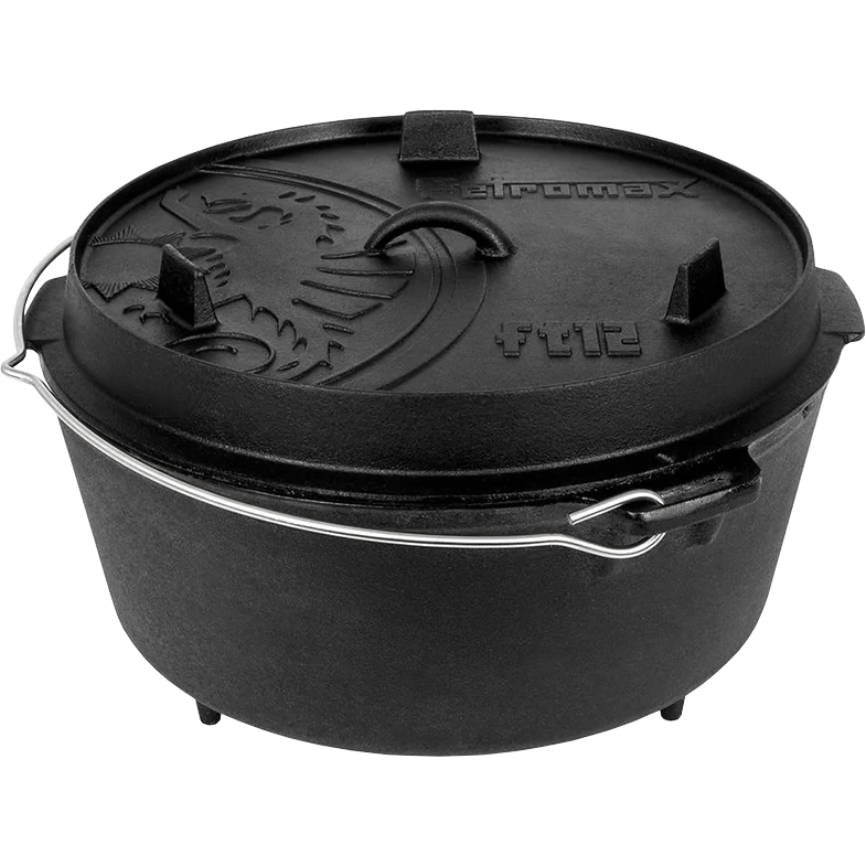 Produktbild gusseiserner 12er Dutch Oven mit Füßen, Deckel und Henkel in Frontansicht von Petromax