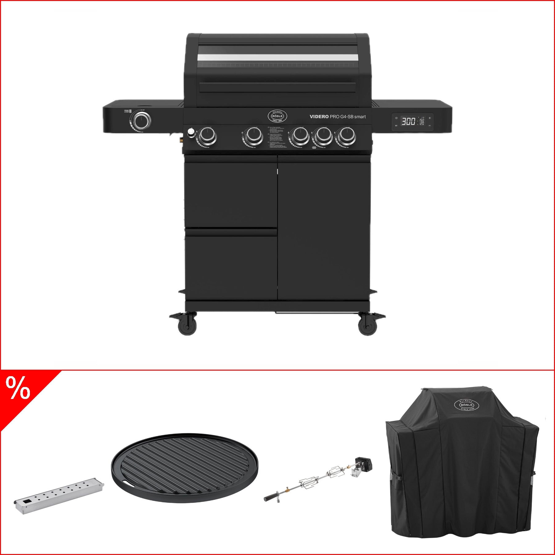 Rösle Videro pro Smart Bundle - mit Grillplatte, Rotisserie, Räucherbox und Abdeckhaube