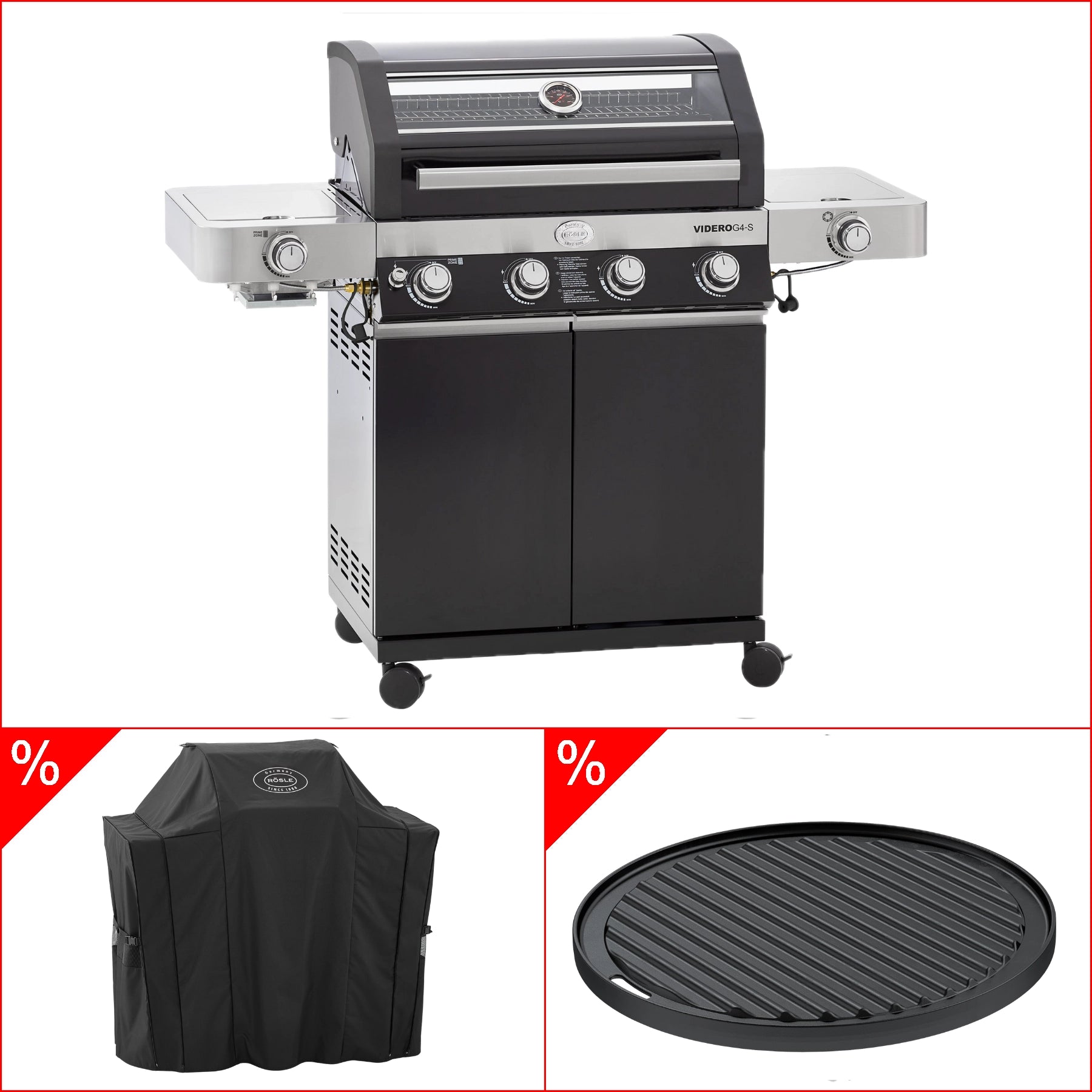 Rösle Gasgrill  VIDERO G4-S Vario + 50 mbar inkl. GRATIS Abdeckhaube und Grillplatte rund