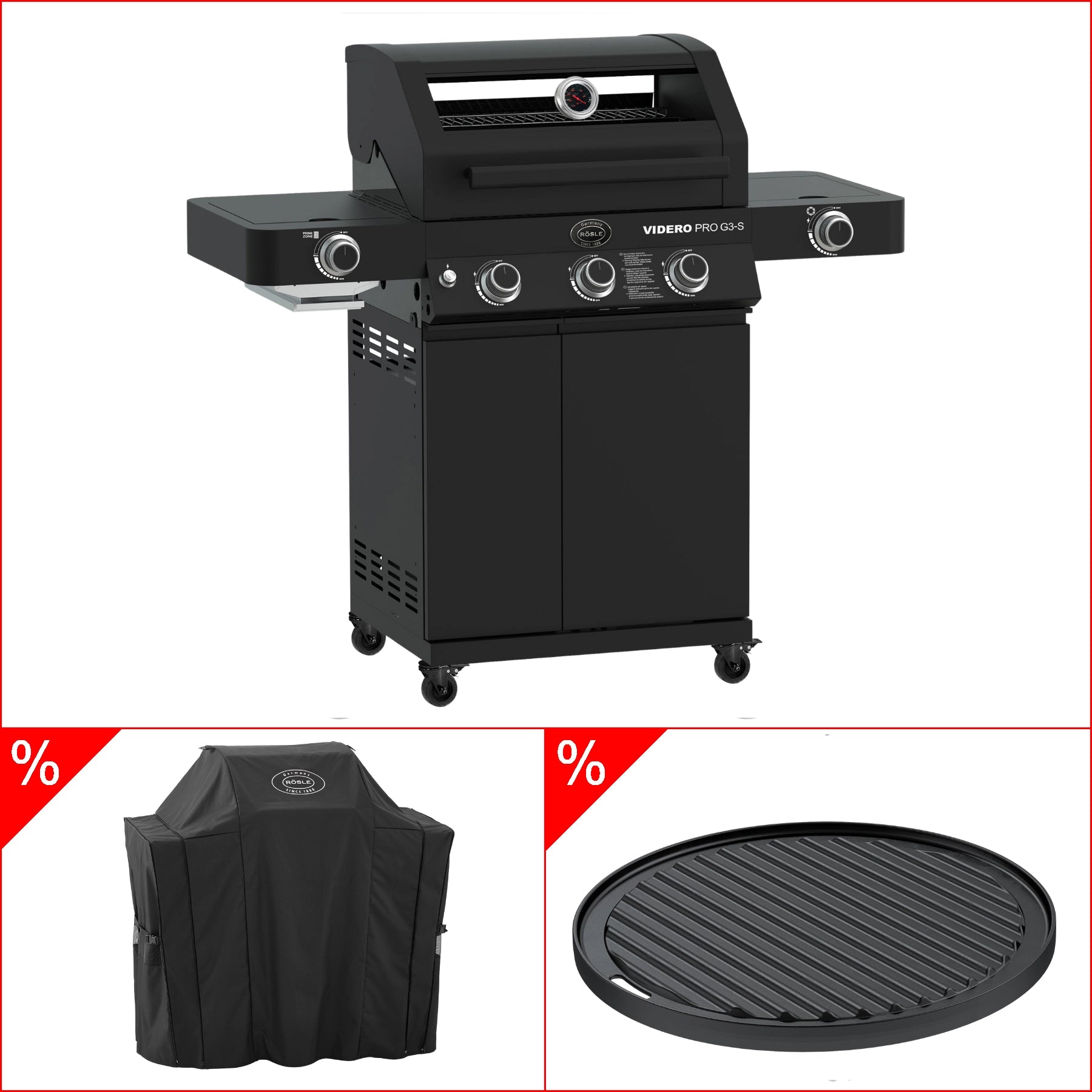 Rösle Videro Pro G3-S Vario+ 50mbar inkl. GRATIS Abdeckhaube und Grillplatte, rund