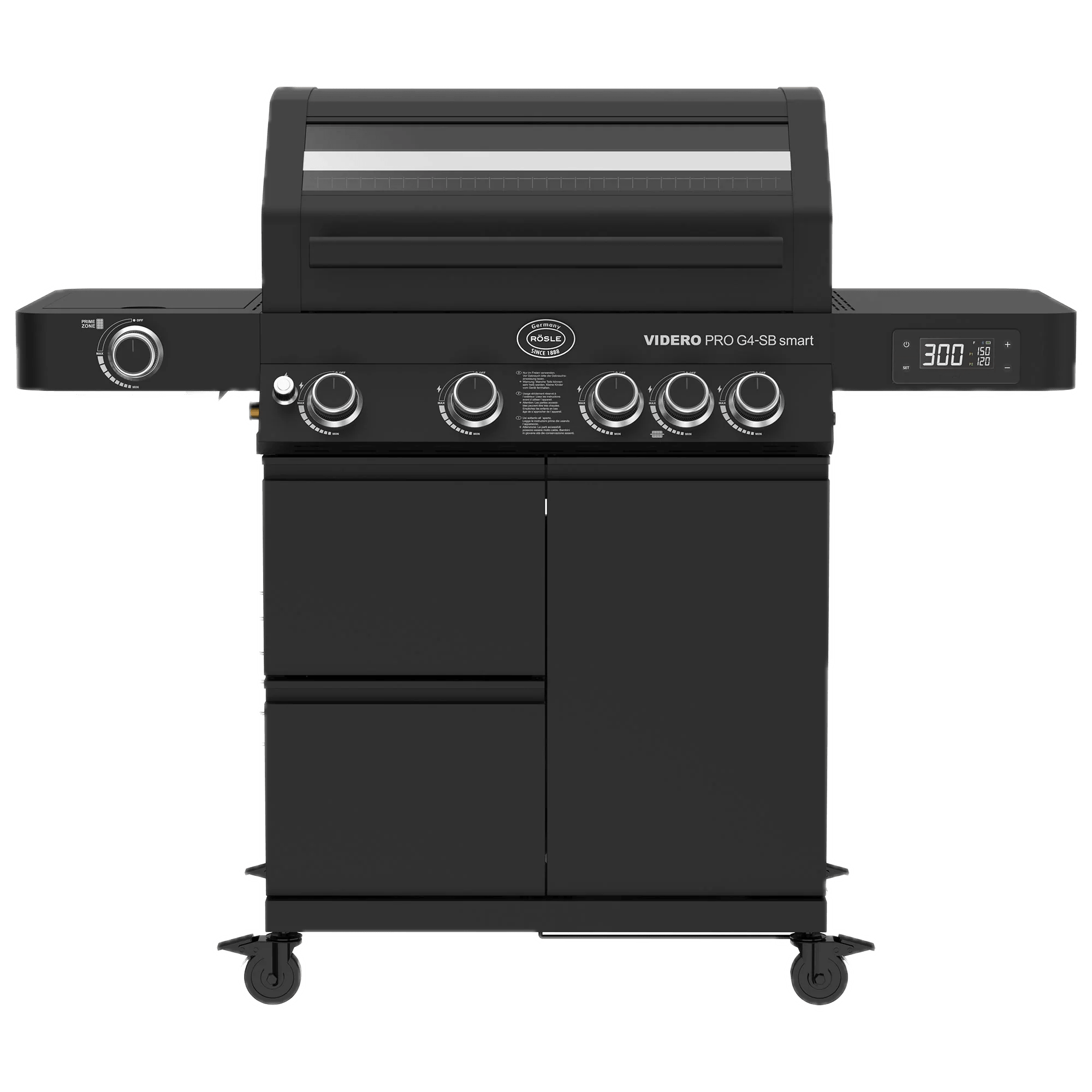 Rösle Videro pro Smart Bundle - mit Grillplatte, Rotisserie, Räucherbox und Abdeckhaube